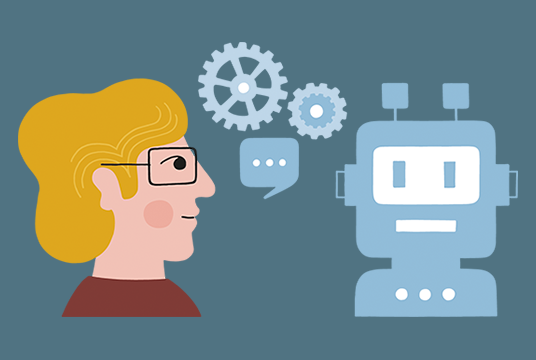 Illustration av en man och en robot som samtalar. man ser en pratbubbla och flera kugghjul.