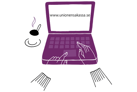 Illustration av en dator med www.unionensakassa.se på skärmen