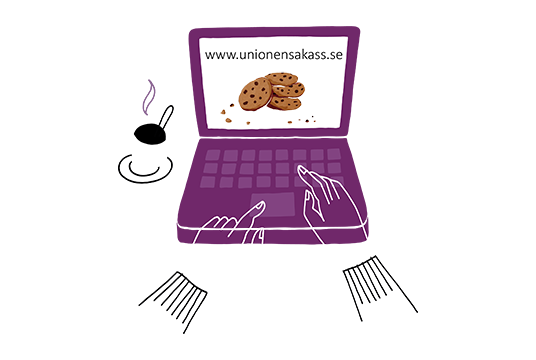 En tecknad illustration av en dator med kakor och smulor på skärmen.