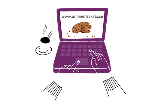 En tecknad illustration av en dator med kakor och smulor på skärmen.