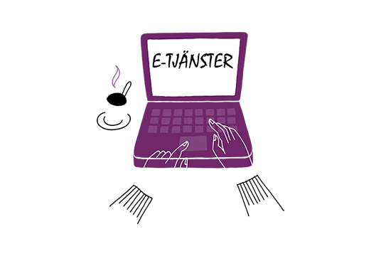 Två händer vid en dator, redo att logga in i våra e-tjänster. En kaffekopp står bredvid.