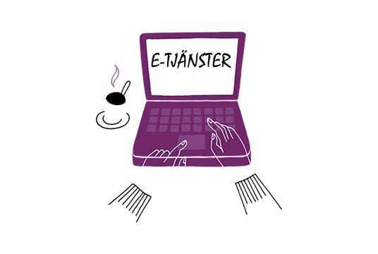 Två händer vid en dator, redo att logga in i våra e-tjänster. En kaffekopp står bredvid.