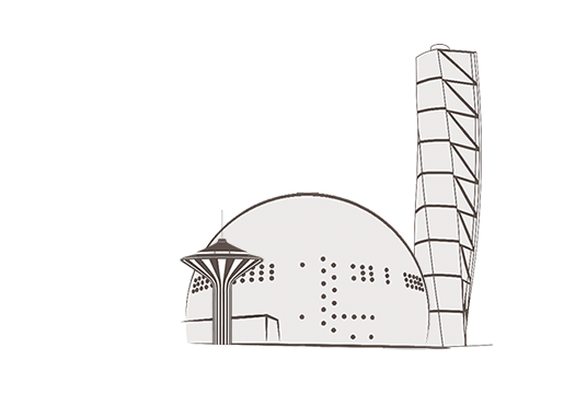 Illustration av vattentornet Svampen i Örebro, Globen i Stockholm och Turning torso i Malmö